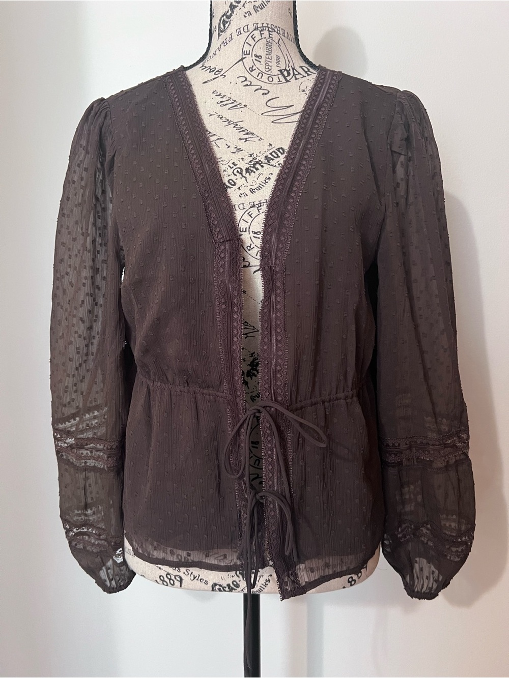 Abercrombie & Fitch Brown Swiss Dot Tie Front Blouse Small